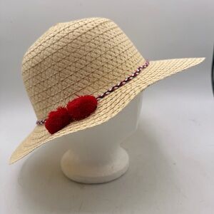 Natural Straw Style Wide Brim Sun Hat with Red Pom Pom Accent – 56 cm